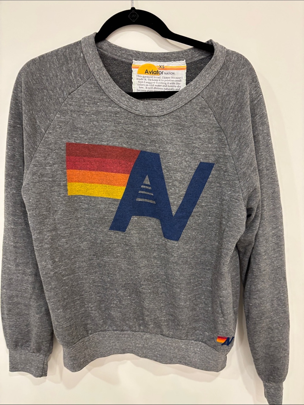 Aviator Nation Gray Crewneck Sweatshirt with Red-Orange-Yellow Stripe AV Logo